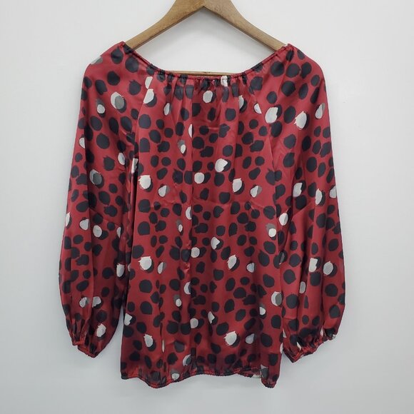 Monroe & Main Red Polka Dot Print Peasant Blouse L Sheer 3/4 Balloon Sleeve Top - Picture 4 of 15